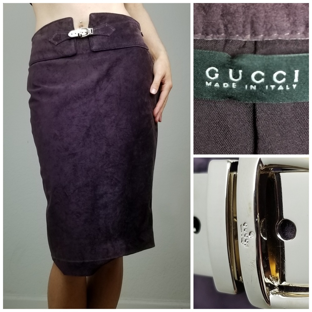 Gucci Plum Genuine Leather Suede Pencil Skirt